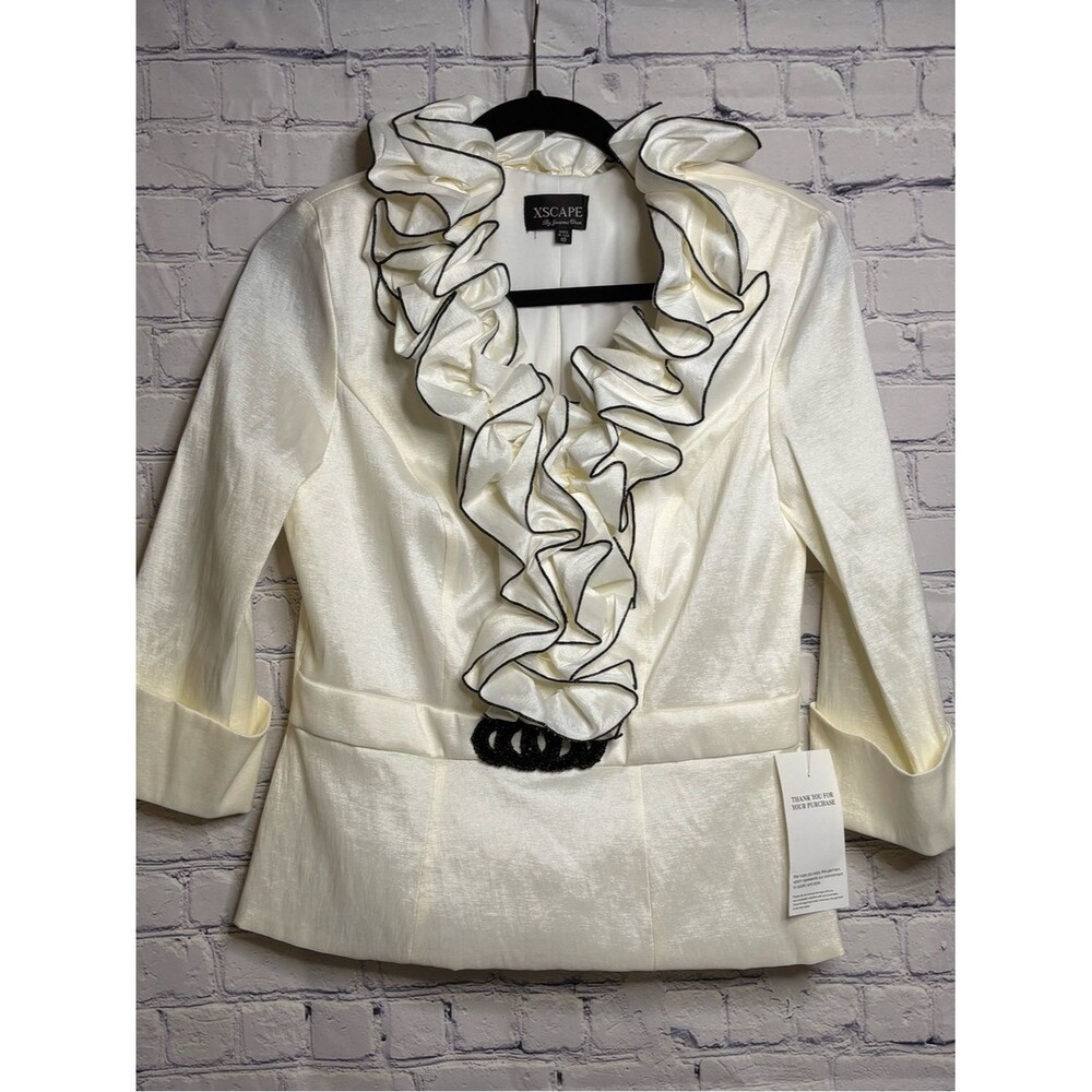 NWT XSCAPE by Joanna Chen Cream Taffeta Black Trim Ruffle Collar Party Blouse 10